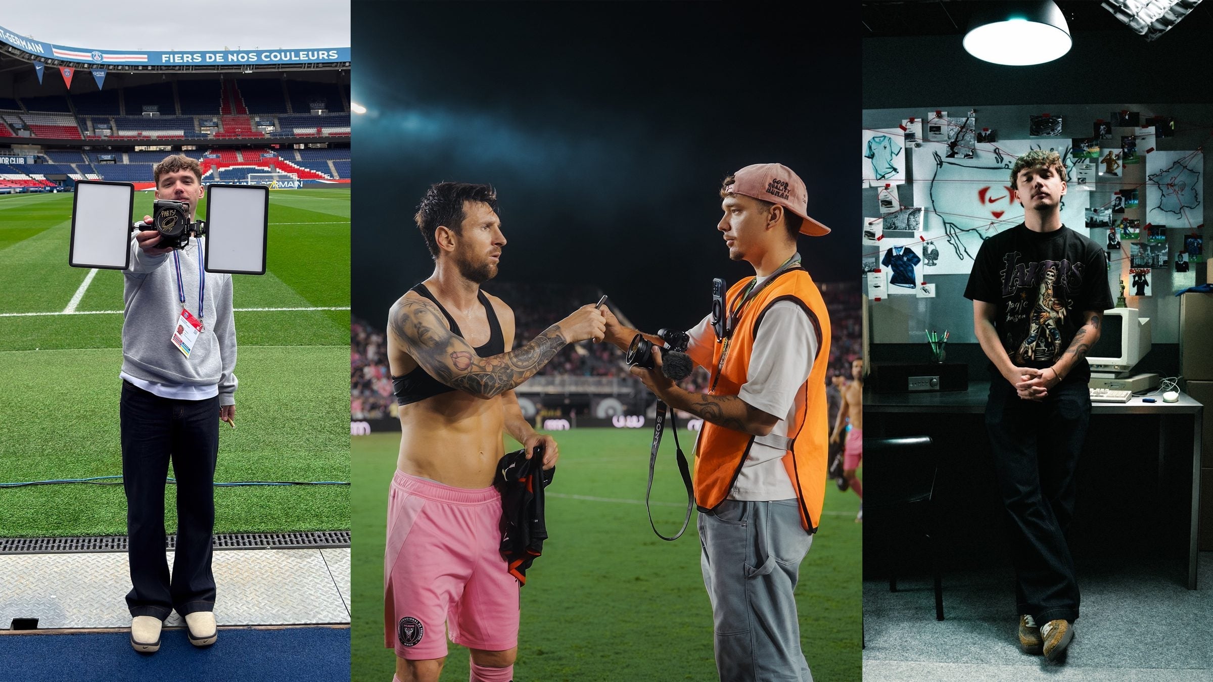 Three photographs of Daniel Evgrafov: on the pitch at the Parc des Princes, pitchside with Lionel Messi, and in front of a Nike moodboard wall.